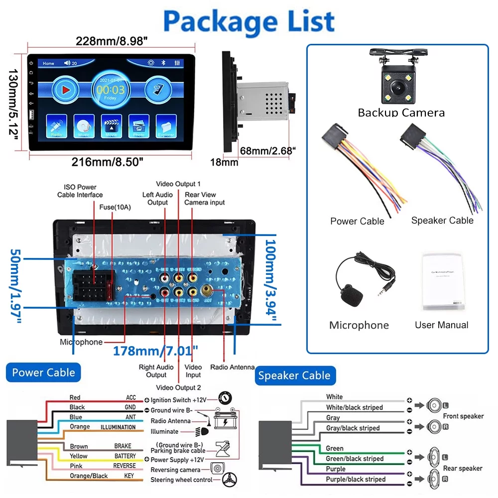 Podofo Single 1 Din 9'' Car Stereo HD Touch Screen Multimedia Car MP5 Player Car Radio Audio Bluetooth Mirror Link USB FM Function,with Microphone& Rearview Camera