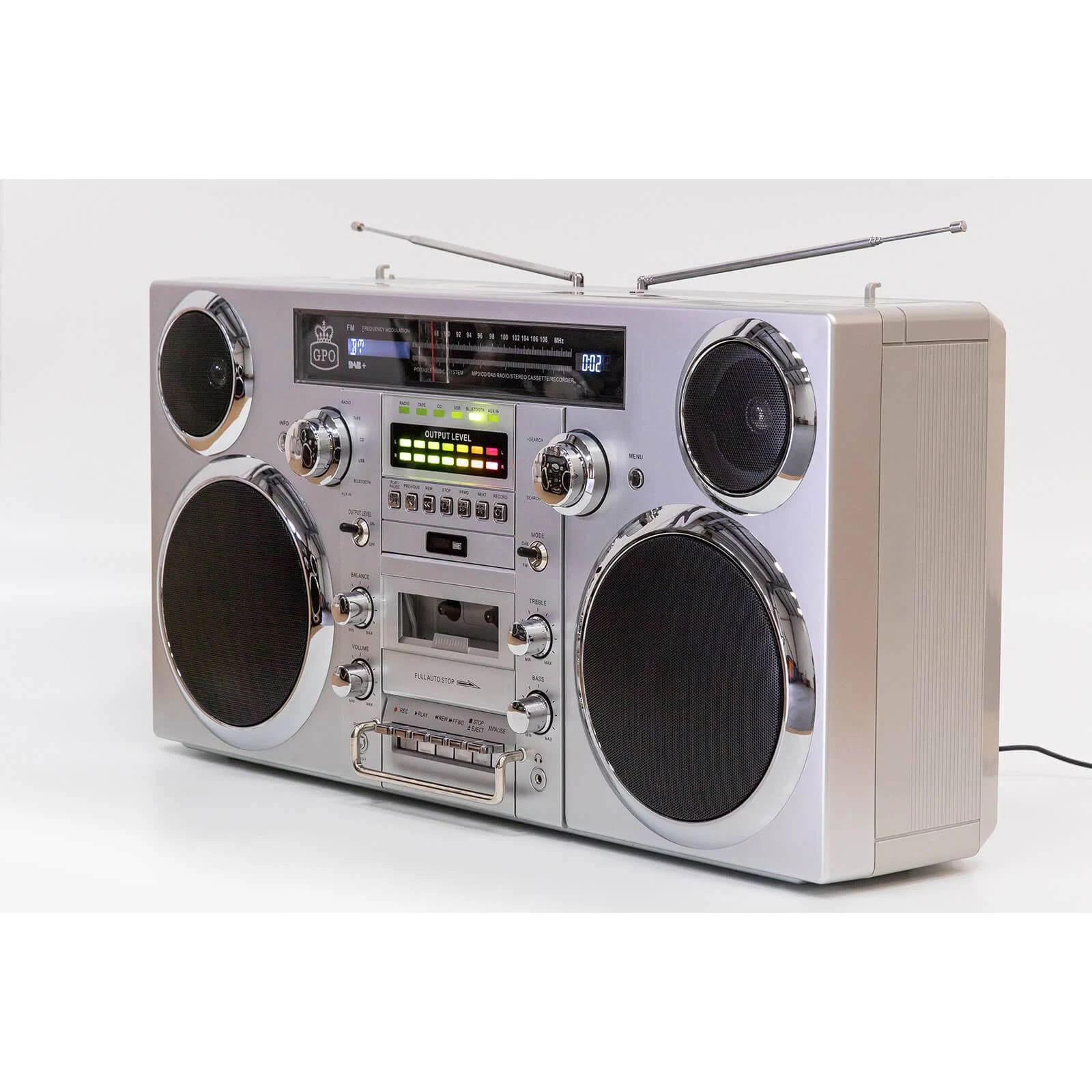 GPO Brooklyn Bluetooth Boombox 80W CD Cassette FM USB Recording Silver