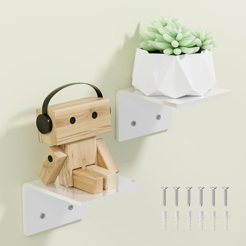 Acrylic Floating Wall Shelf, 4 Inch Mini Shelves for Wall, White Display Organizer Set of 2, Adhesive Shelves for Wall No Screws Stick on Wall Non-Drilling