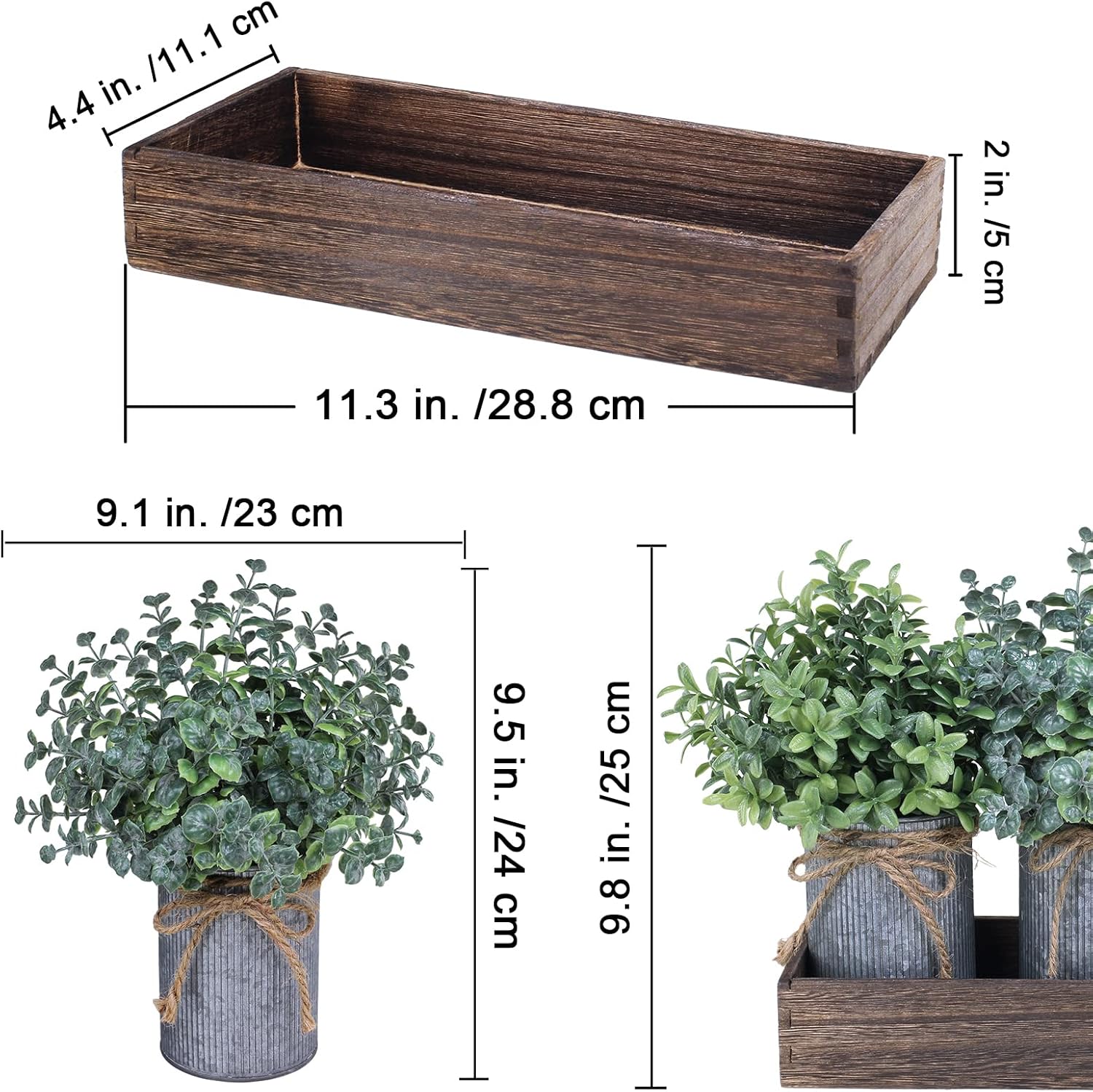 Set of 3 Mini Potted Plants Arrangement Faux Boxwood Eucalyptus Rosemary Plants in Rustic Galvanized Metal Pots with Rectangle Wood Box for Farmhouse Table Centerpiece Mantel Kitchen Greenery Decor