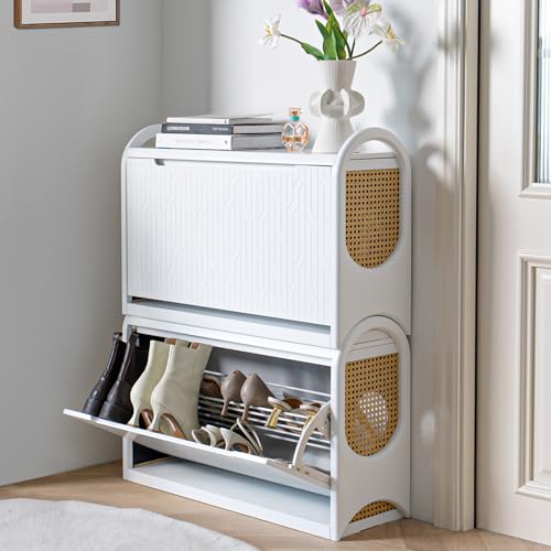 Shoe Bench with Storage,Shoe Rack Bench for Entryway,Rattan Shoe Bench with Seating,Boho Shoe Organizer Bench with Shelf,Wooden Storage Bench for Hallway and Bedroom,White