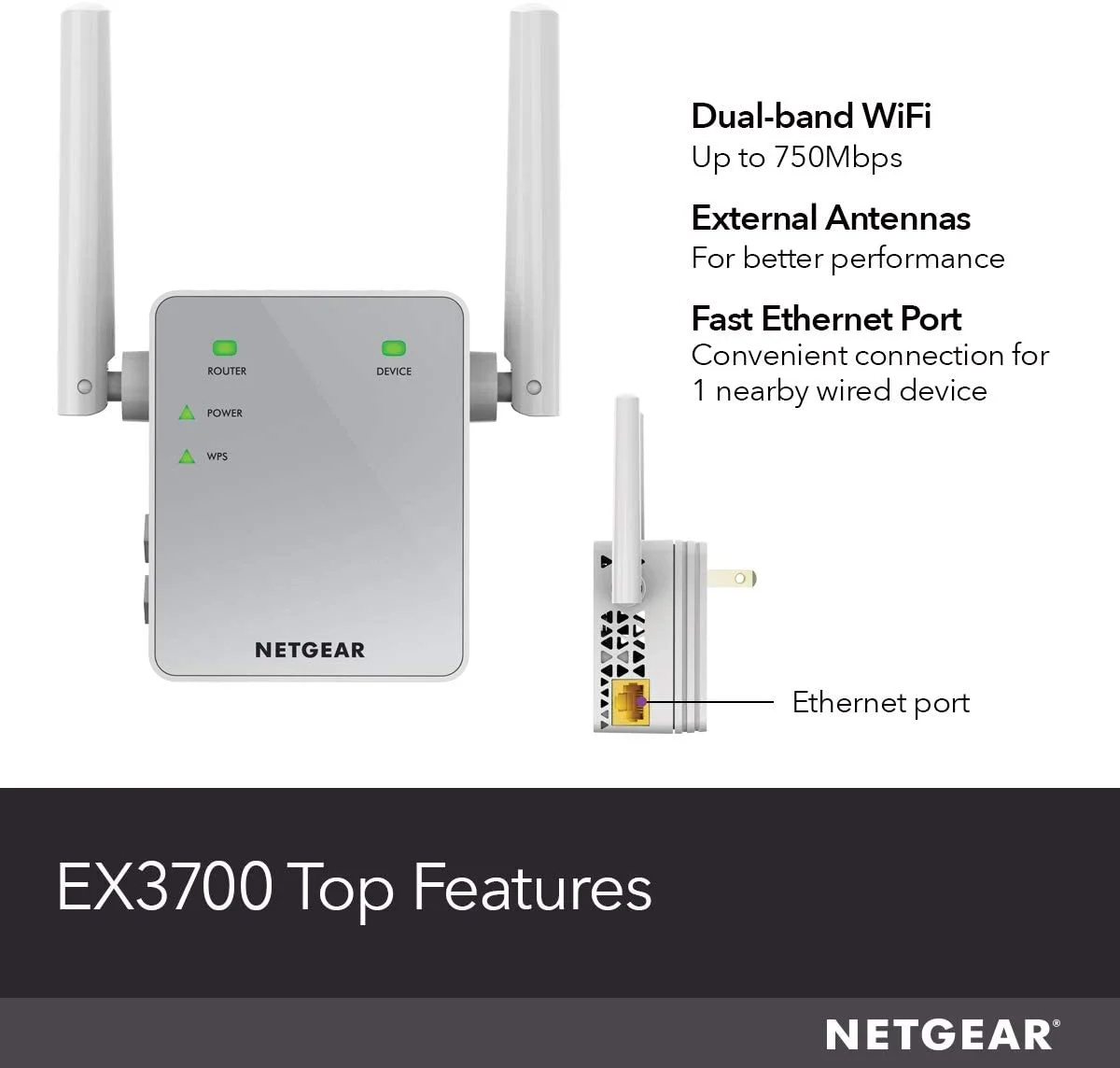 Wi-Fi Range Extender EX3700 - Coverage Up to 1000 Sq Ft and 15 Devices with AC750 Dual Band Wireless Signal Booster & Repeater (Up to 750Mbps Speed), and Compact Wall Plug Design