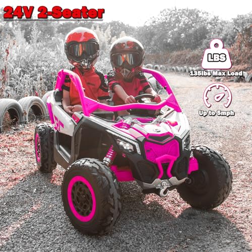NEWQIDA 2 Seater Ride On Car with Remote Control 24V 4WD Electric Car for Kids 4x4 Ride on Truck Licensed Can Am Maverick UTV Ride On Toys for Big Kids, EVA Rubber Wheels, Spring Absorbers, Blue