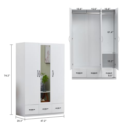 3-Door Armoire Wardrobe Closet Storage, Wood 3 Drawers White Closet Cabinet for Large Capacity with Hanging Rod and Metal Handles for Tall Cabinet Closet 47.3
