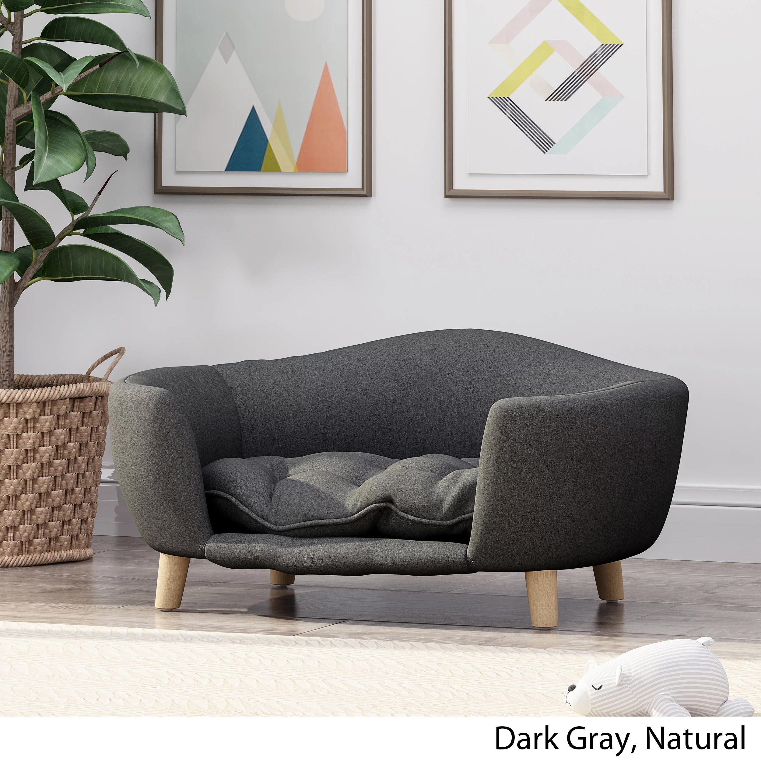 Noble House Jeffery Mid Century Small Plush Pet Bed, Dark Gray and Natural