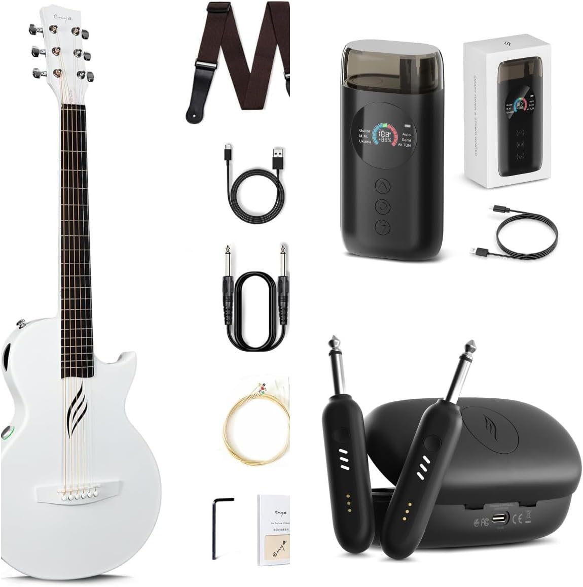 Enya NOVA Go SP1 Carbon Fiber Acoustic Electric Guitar with Smart AcousticPlus 35 Inch Travel Acustica Guitarra Starter Bundle Kit(White) & Enya Smart Automatic Guitar Tuner & Wireless Guitar System