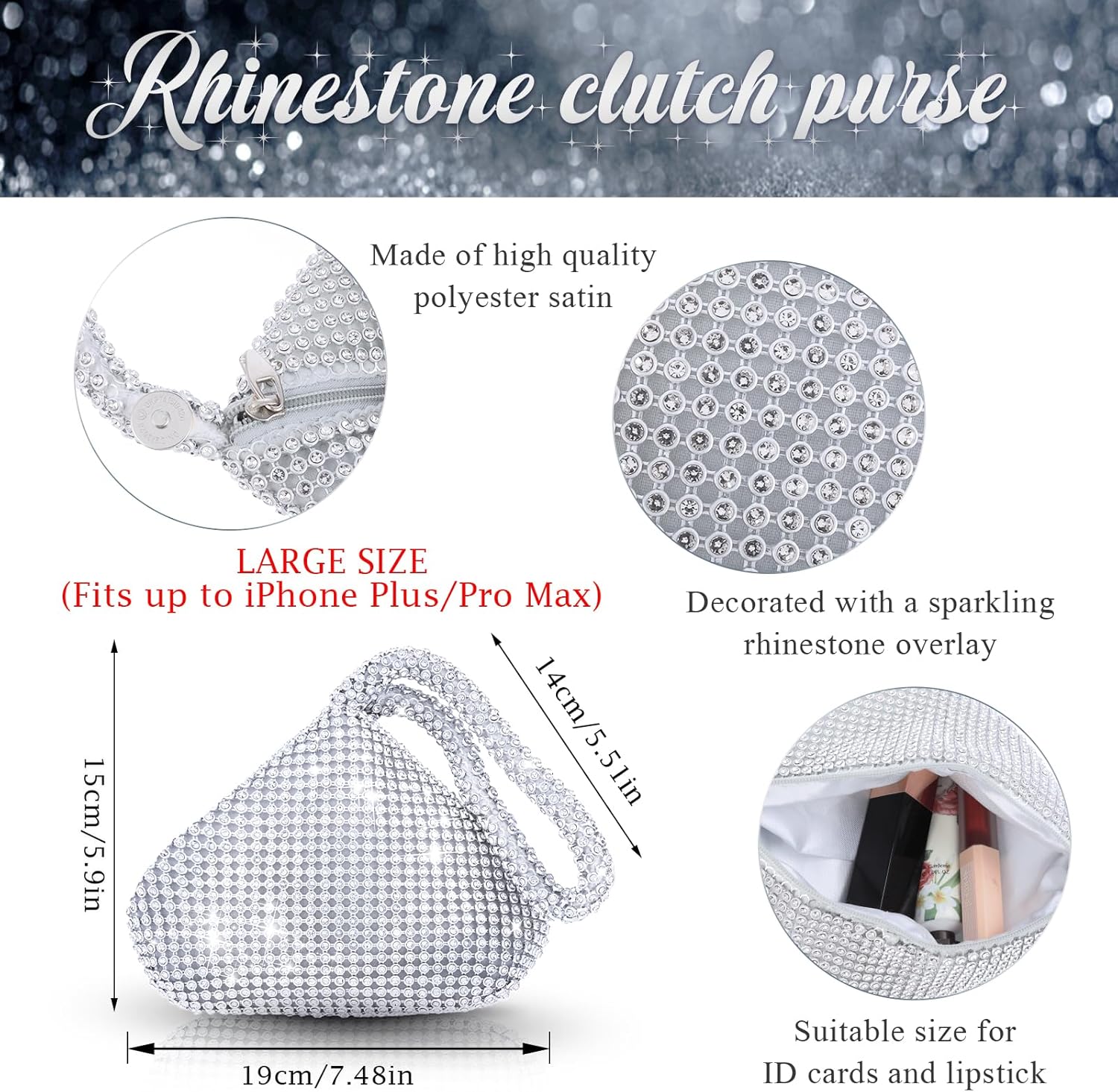 Evening Clutch Bag for Women Silver Purse Bling Rhinestone Handbags for Prom Cocktail Party Wedding Engagement (Large)