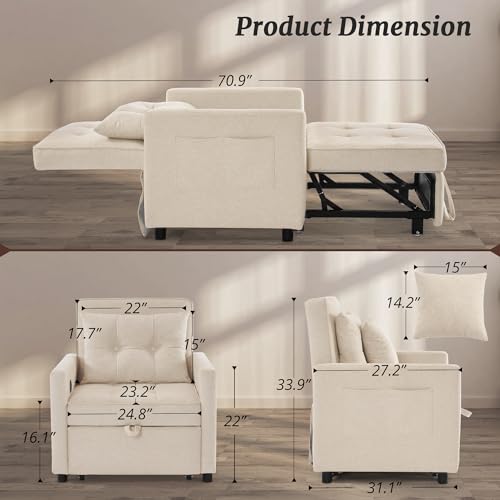 Sofa Bed Chair, 3 in 1 Convertible Sleeper Chair Bed for Adults, Pull Out Chair Sleeper, Adjustable Reading Chair with 2 Pillows and Backrest, Multi-Functional Couch Bed for Small Space