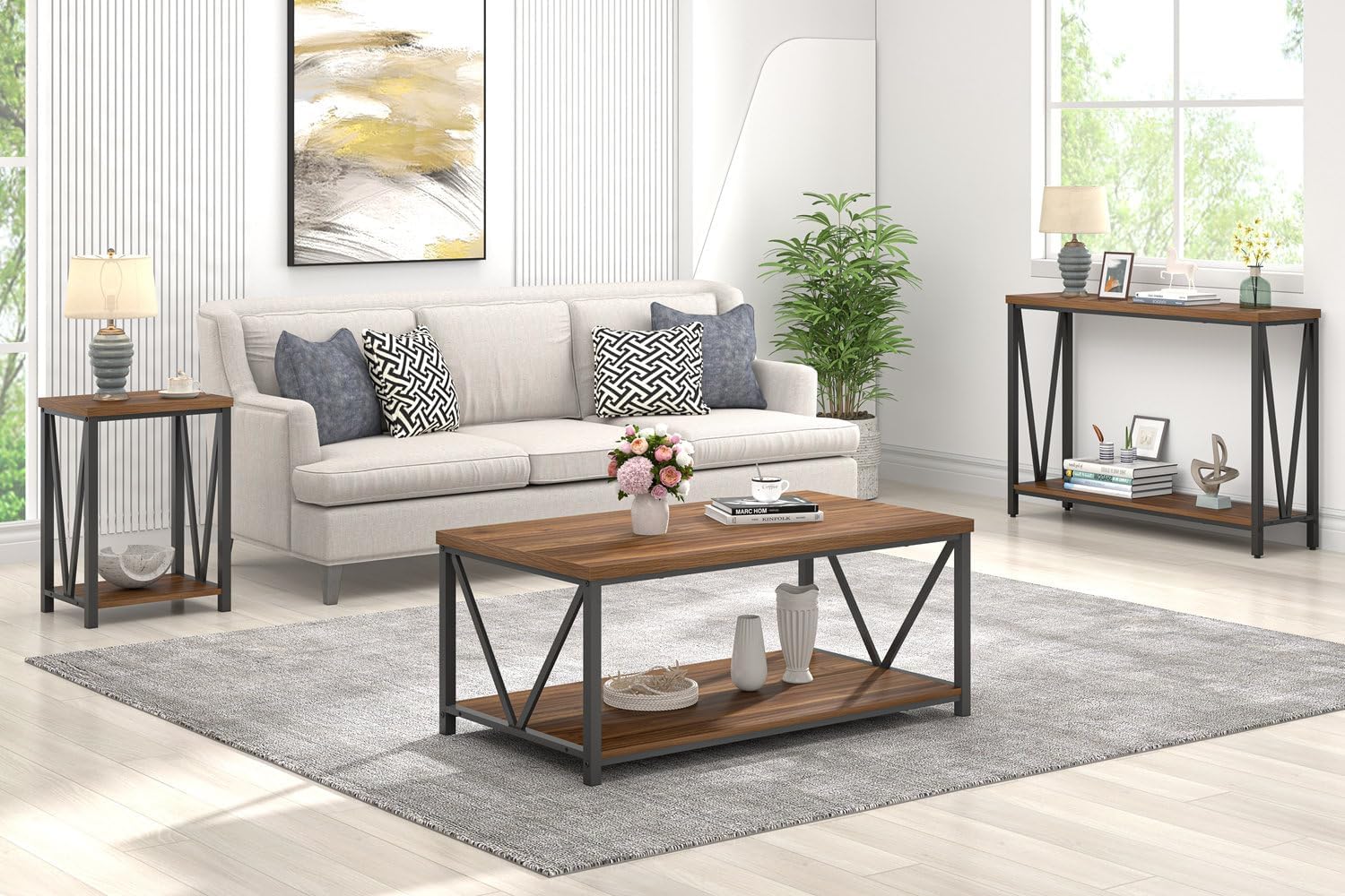 FOLUBAN Modern Coffee Table End Table and Entryway Table with Storage Shelf for Living Room, Rustic Walnut