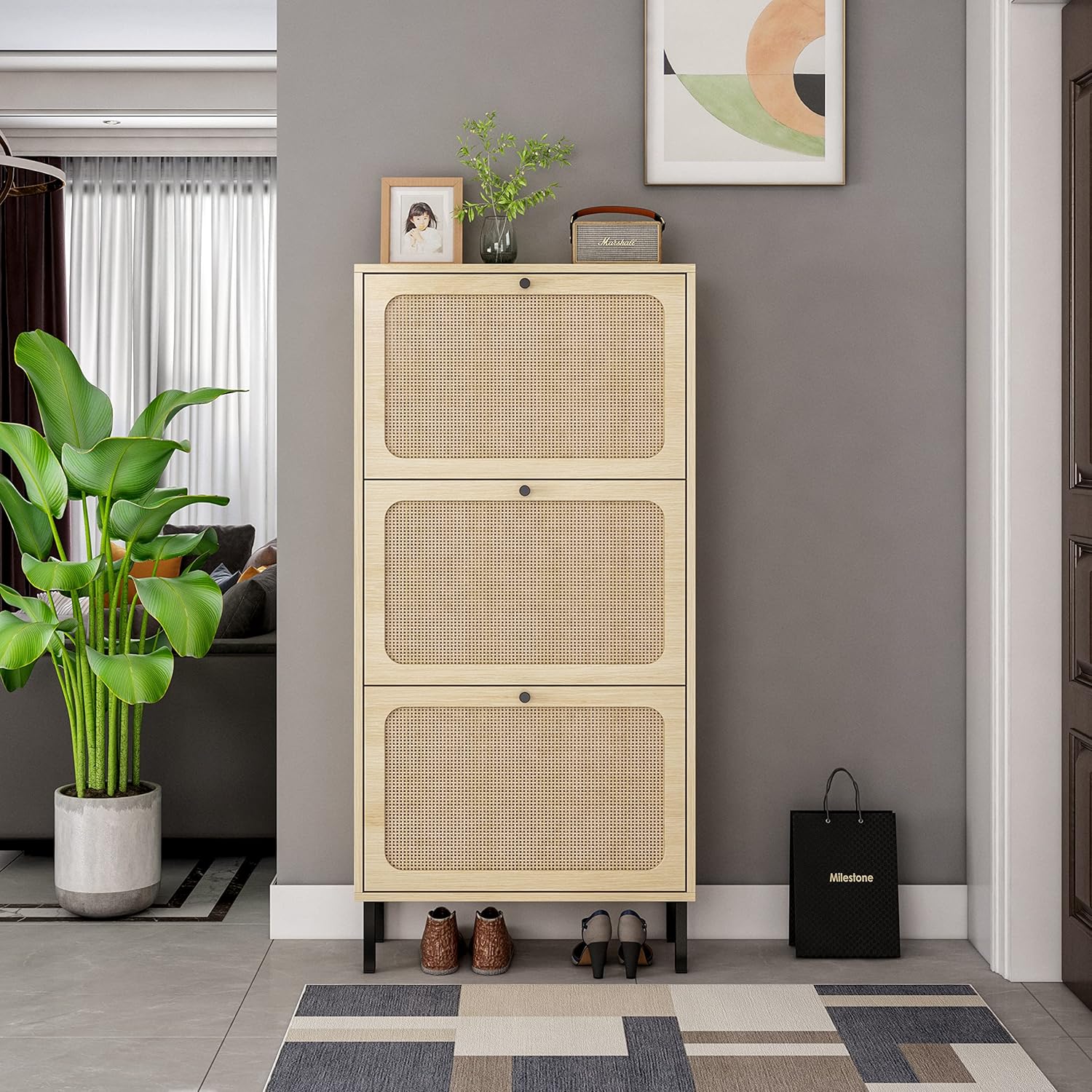 Natural Rattan 3, Freestanding, Modern Entryway Storage Cabinet Slim, Shoe Rack for Front Door Entrance, White+Walnut