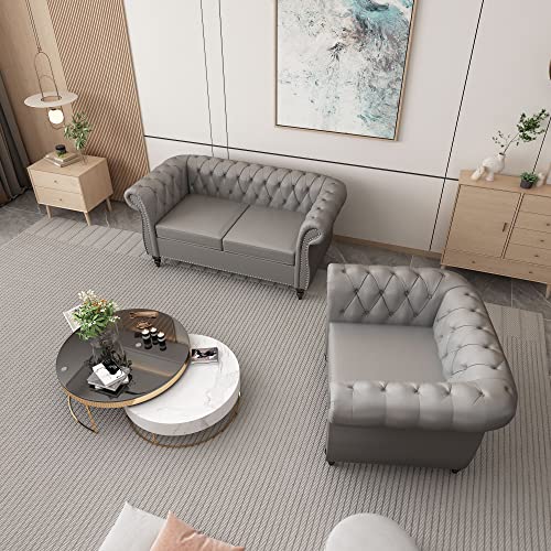 3 Piece Living Room Set, Chesterfield Velvet Sofa Loveseat Couch Chair with Scroll Arms and Nailhead for Living Room, Office (Beige, 1-2-3)