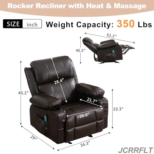 Leather Rocker Recliner Chair - Heated Recliner Chair with Massage Manual Recliner Chair Small Recliner Chairs for Adults Rocking Chair with Footrest Rocking Recliner Chair for Nursery (Brown)