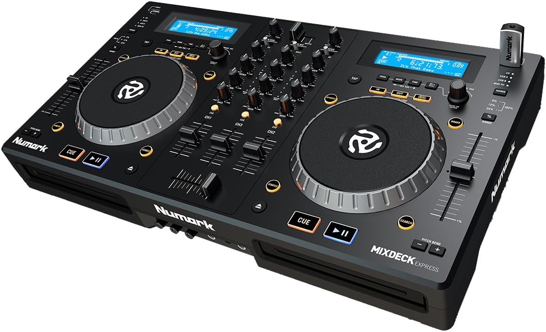 Numark Mixdeck Express DJ Controller, 2-Channel Standalone Media Player with CD, CD MP3, USB Playback, Dual Channel Mixer, Multi-Function Jog Wheels, Includes Serato DJ Intro