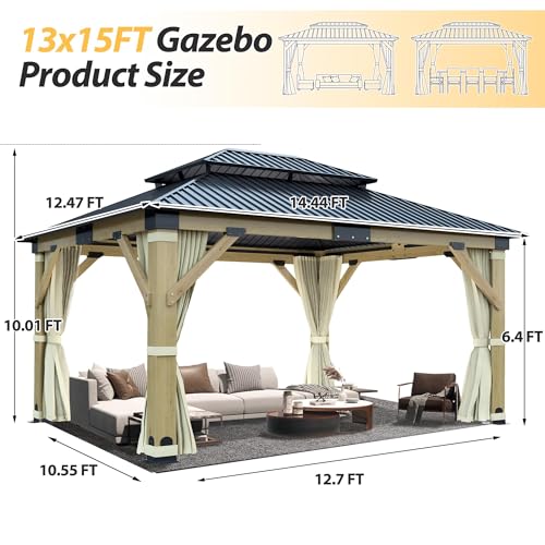 12'x12' Hardtop Gazebo, Outdoor Double Roof Galvanized Steel Gazebos, Aluminum Frame Permanent Pavilion with Curtains & Netting for Backyard, Patio, Deck