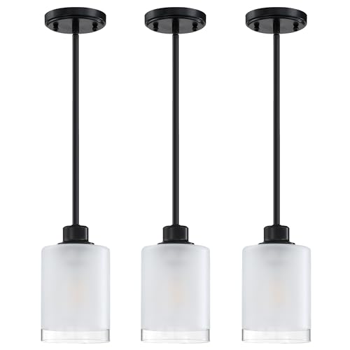 3 Pack 1-Light Industrial Farmhouse Kitchen Island Pendant Ceiling Light Frosted Glass Fixture,Black Finish for Bedroom Hallway Dining Room Entryway Over Sink