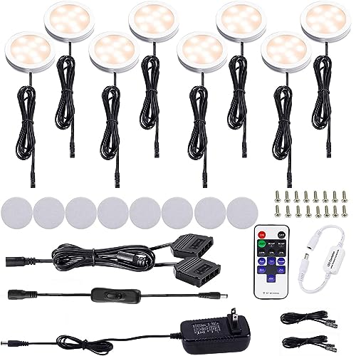AIBOO Kitchen Under Cabinet Lighting LED 12Vdc 8 Pack Black Cord Aluminum Puck Lights for Counter Closet Furniture Shelf Lighting Dimmable with RF Wireless Remote Control(6000K Daylight White)