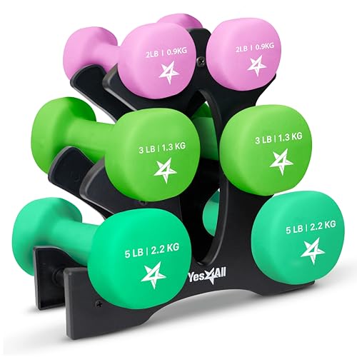 Yes4All Neoprene Coated Dumbbell Hand Weight Sets - Multiple Weight Options with Rack, Anti-roll, Anti-Slip, Hexagon Shape