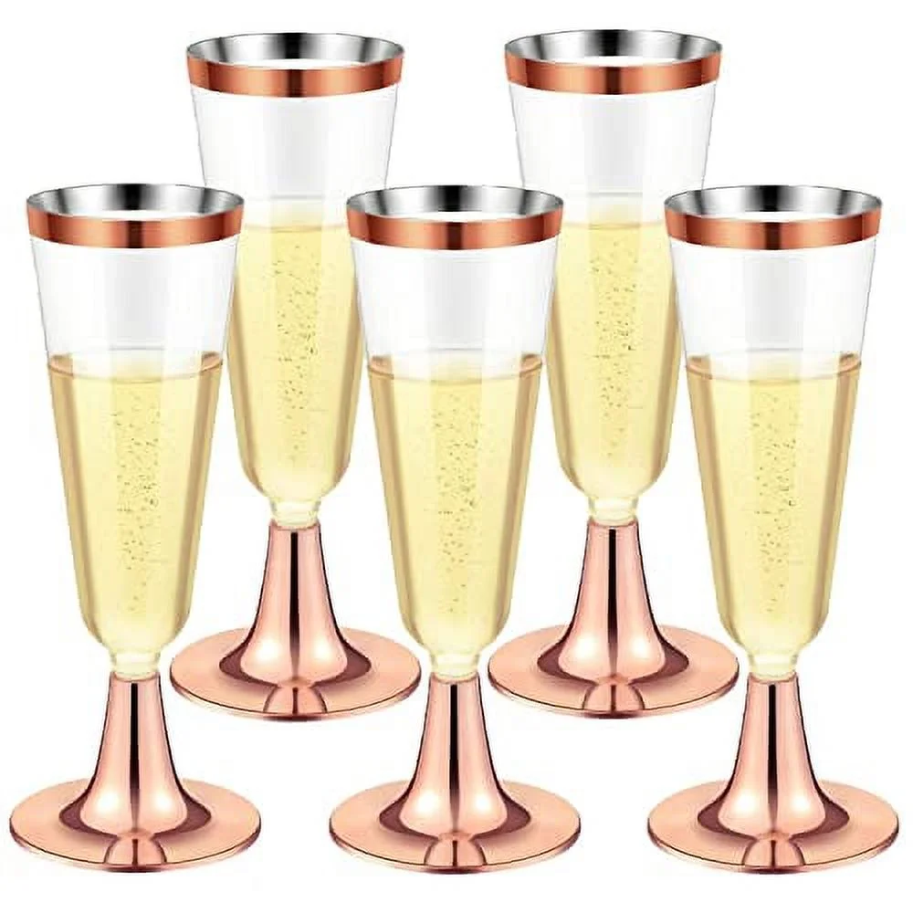 30Pcs Plastic Champagne Flutes, 150ml Rose Gold Champagne Glasses Reusable Stemmed Party Wine Cups