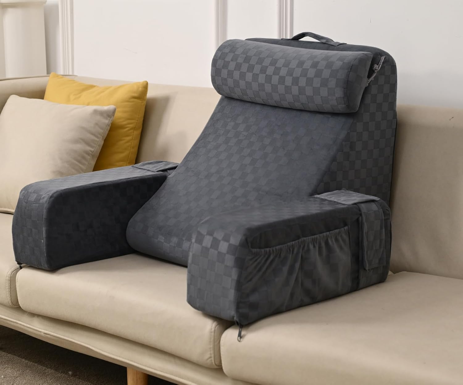 Vekkia Reading-Pillow for Sitting in Bed Adult,Back-Pillow for Bed Sitting Up,Back Rest Pillow with Arms Rest/Bed Chair Pillow for Bed, Reading or Watching TV -19in(Dark Grey)