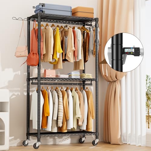 Clothing Racks for Hanging Clothes Load 420 LBS, Heavy Duty Clothes Garment Rack, Rolling Clothes Wardrobe Closet Rack, Metal Freestanding Clothing Rack with Shelves & Wheels, Black