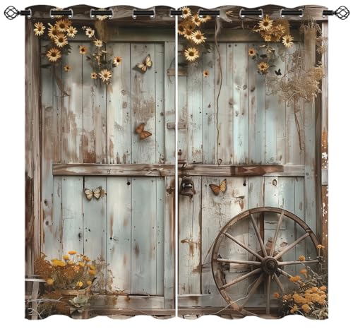Rustic Barn Door Blackout Curtains for Girls Boys Kids Home Decor, Vintage Old Wooden Door Farmhouse Grommet Thermal Insulated Drapes Darkening Window Curtain for Bedroom Living Room, 42 x 45 Inch