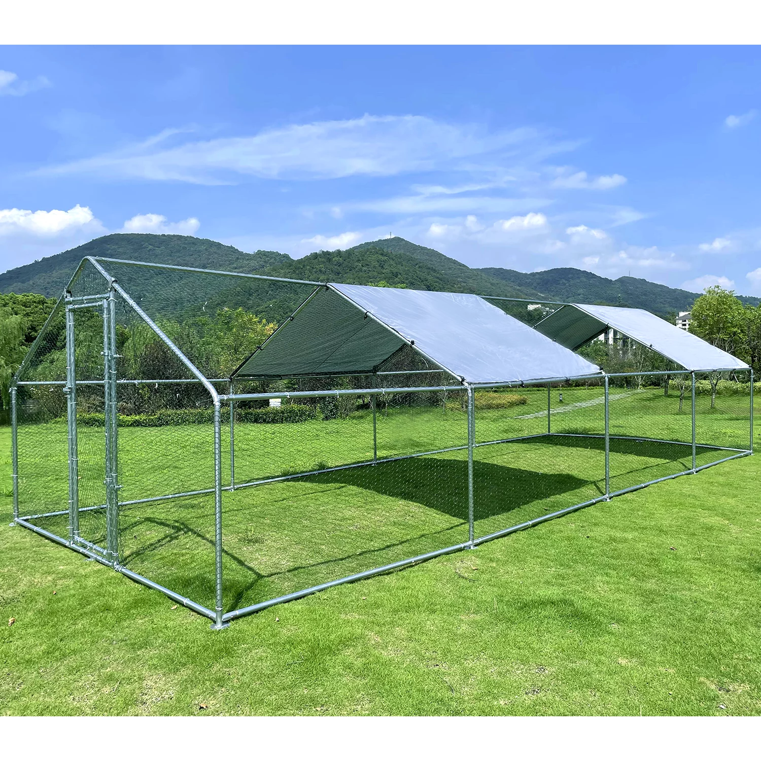 Large Chicken Run Coop 10x26ft Metal Hen House Geeloon Walk-in Poultry Cage W/ Cover - Radiant Selections