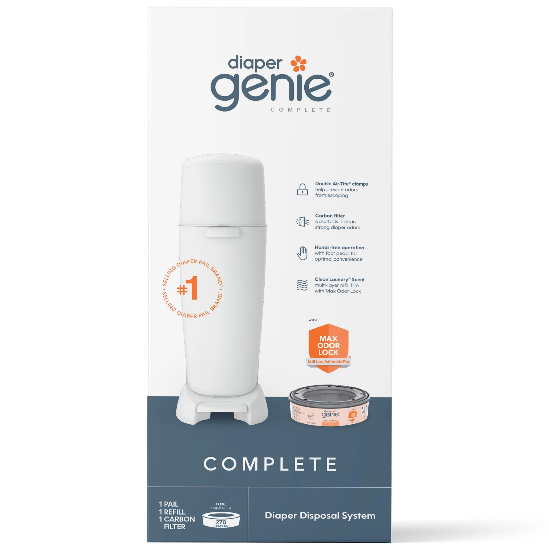 Diaper Genie Complete Diaper Pail (White) Odor Control, 1 Diaper Trash Can, 1 Refill, 1 Filter