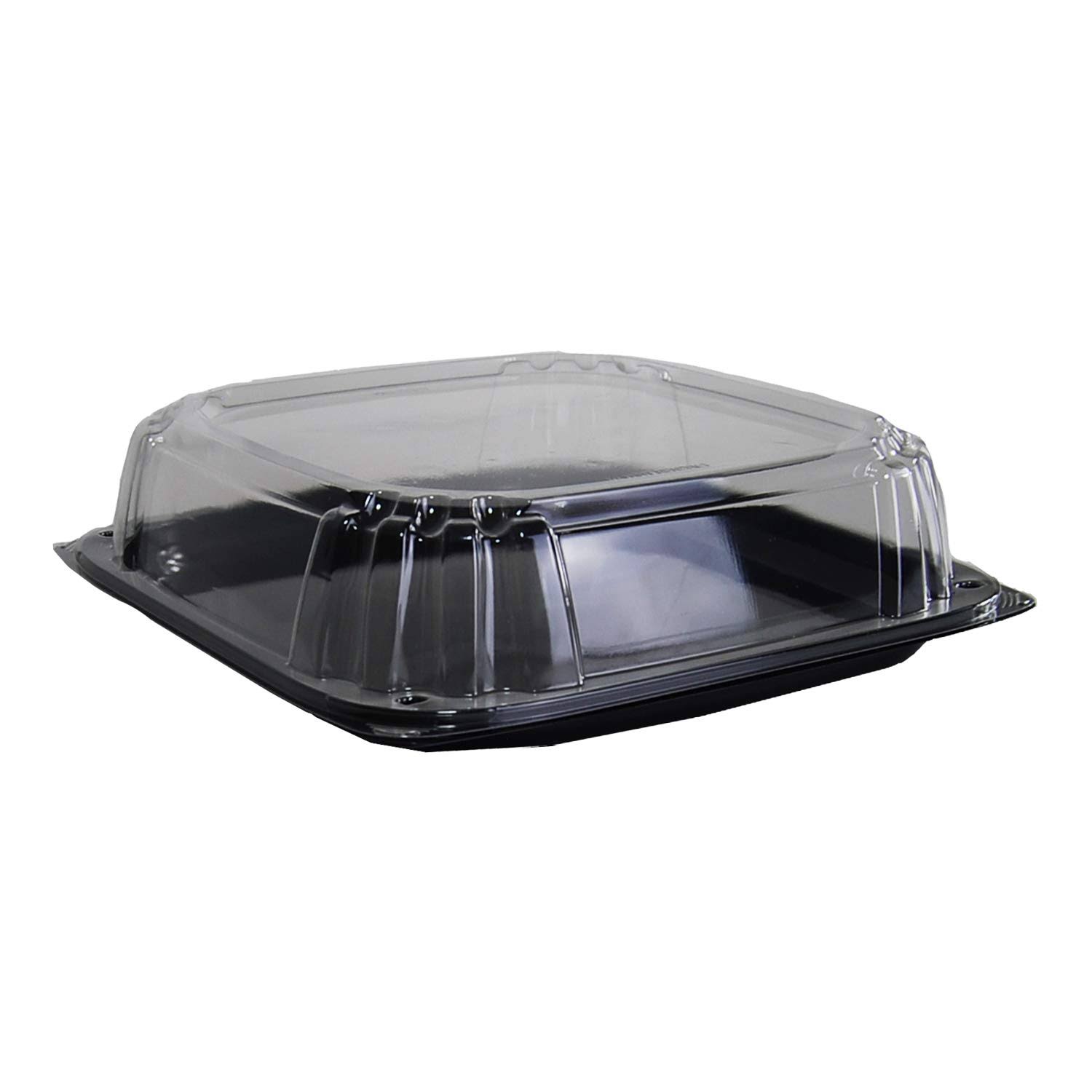 Sabert UltraStack Thermoformed Disposable Square Catering Tray with Lid Black Platter Clear Dome, 12