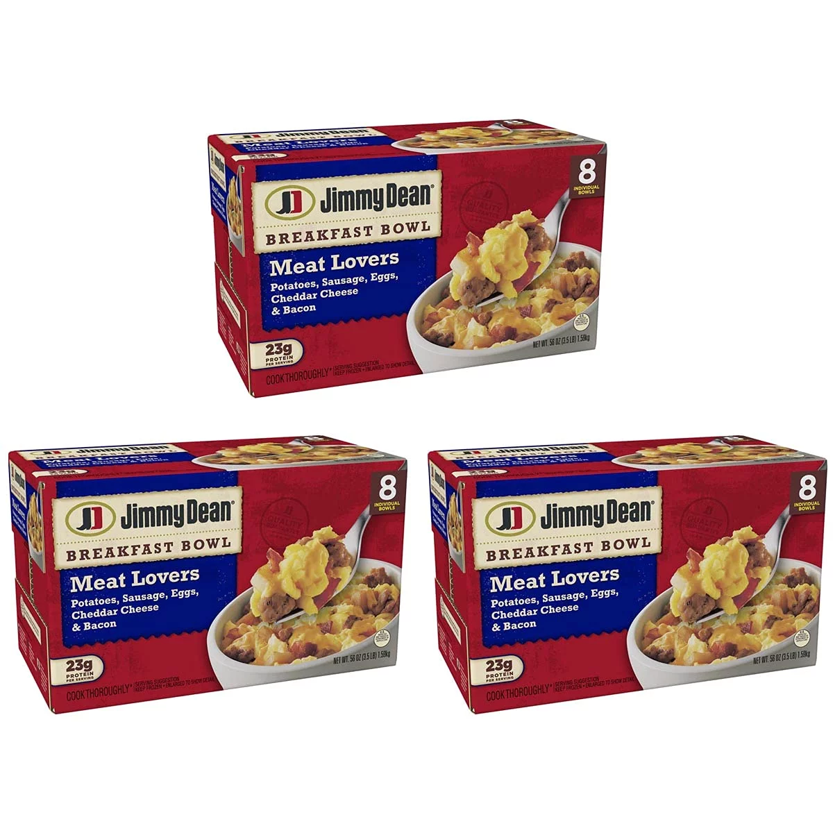 Jimmy Dean Meat Lovers Breakfast Bowls - 3 Boxes (8 Bowls Each, 24 Bowls Total) - Potatoes, Sausage, Eggs, Cheddar Cheese and Bacon - Frozen Meal