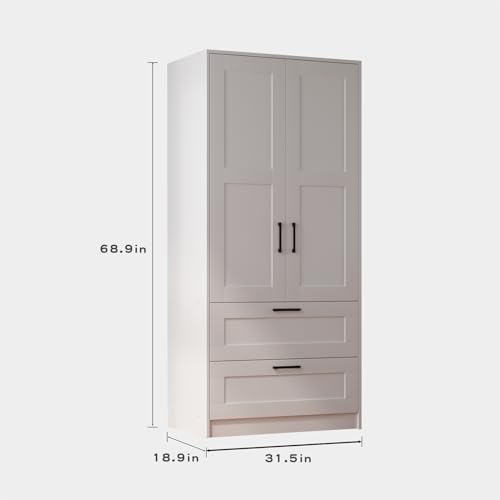 Wood Wardrobe Closet with 2 Doors and Drawers，Bedroom Freestanding Armoire Storage Cabinet with Shelves，Wooden Wardrobe Combination for Hanging Clothes Feng Hua Li Zhi (31.5”W X 18.9”D X 68.9”H)