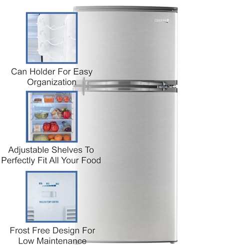 RecPro RV Refrigerator Stainless Steel | 12V | 2 Door Fridge | Frost Free Design | Reversible Doors | 4.4 Cubic Feet