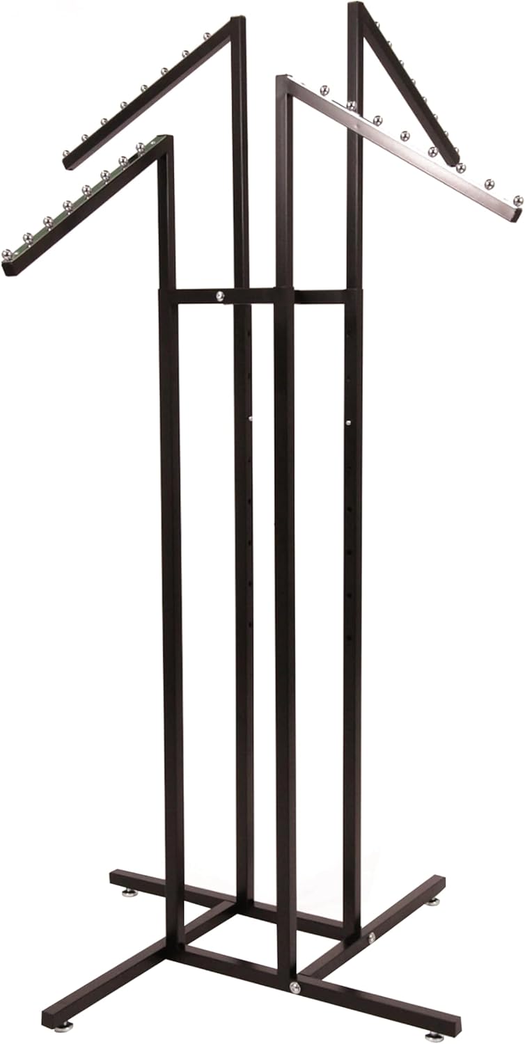SSWBasics Black 4 Way Adjustable Clothing Rack with Slanted Arms - Retail Clothing Rack Display - Adjustable Height Arms from 48