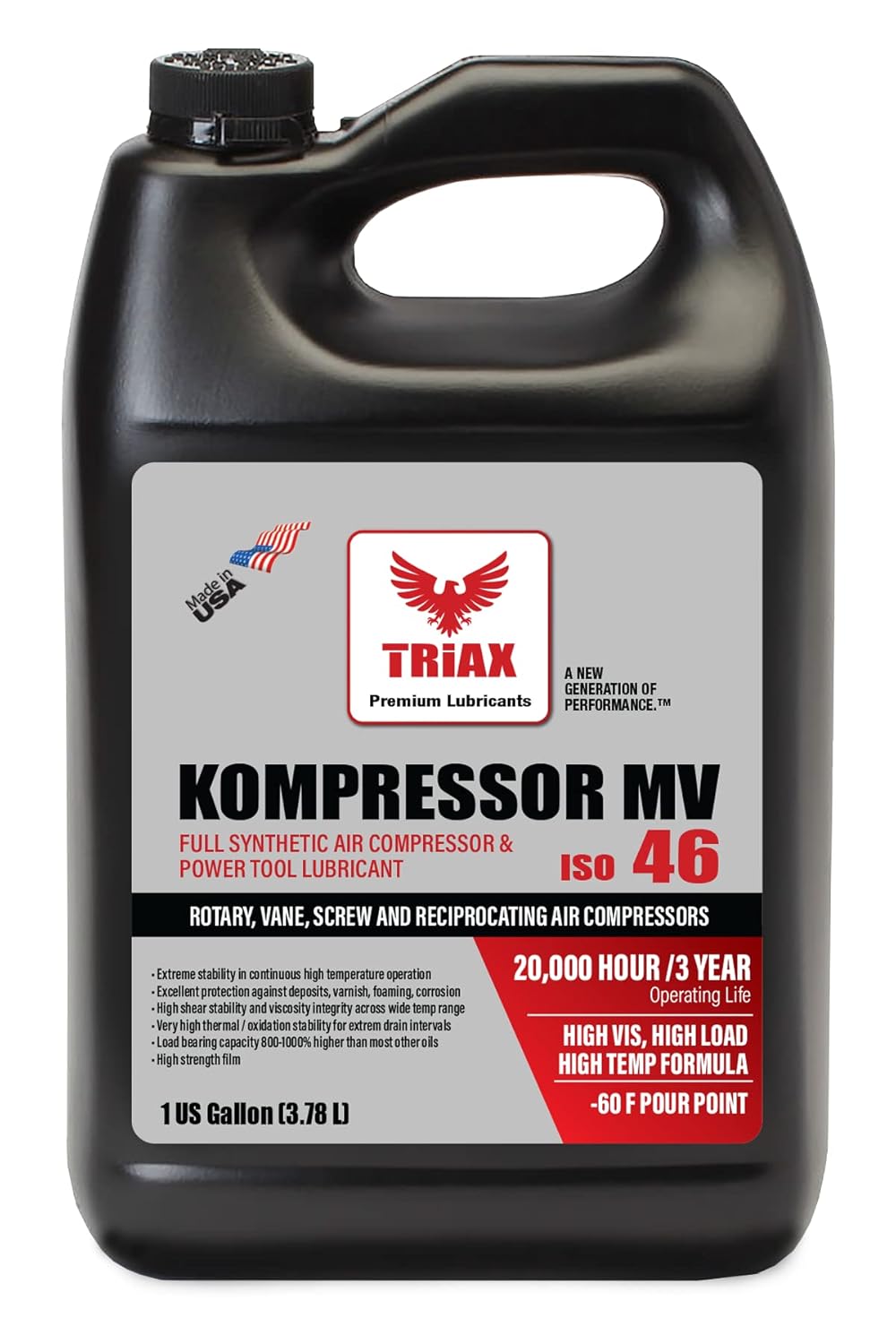 Triax Kompressor MV ISO 46, Multi Vis, Full Synthetic Air Compressor Oil, Rotary, Vane, Screw, Reciprocal, High Temp, 20,000 Hour Life (4 Gallon Pack)