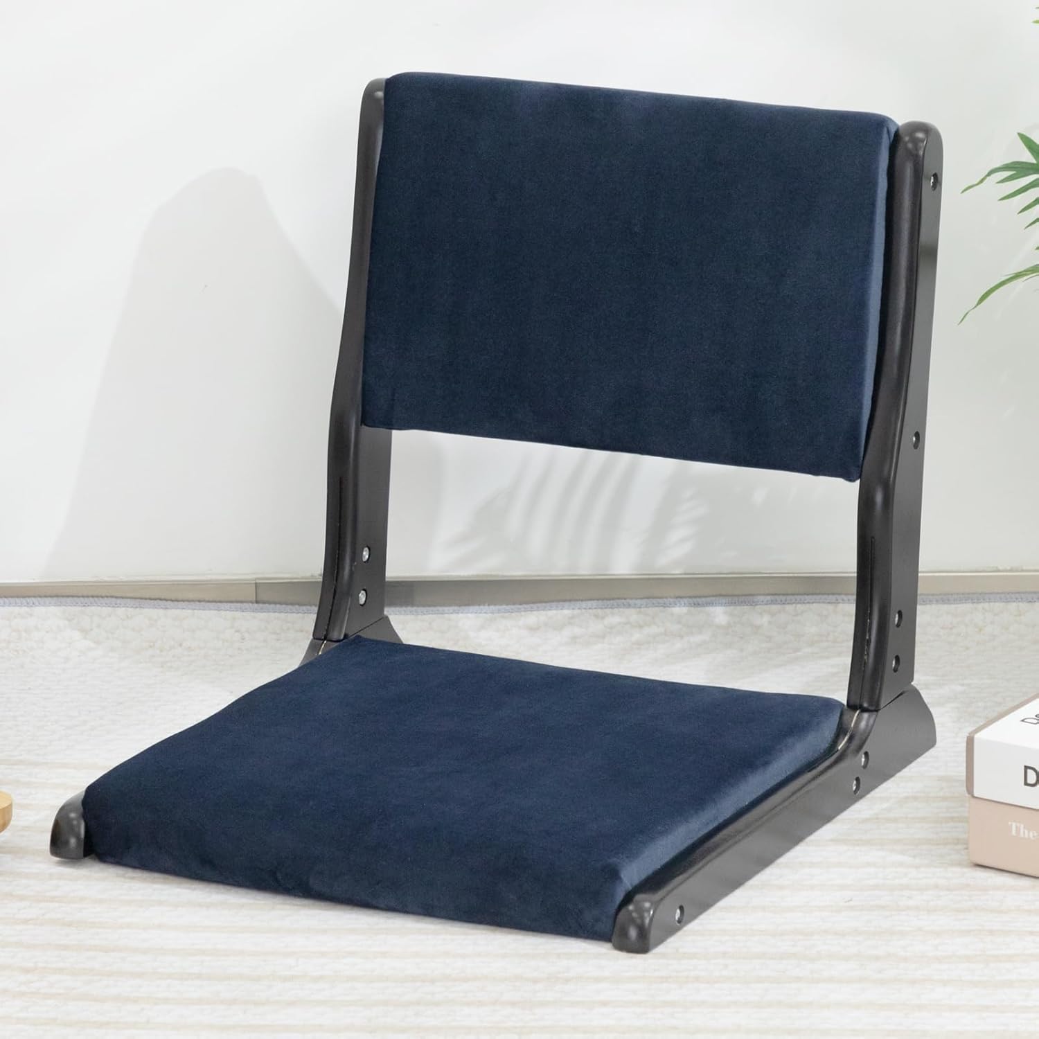 HollyHOME Foldable Tatami Chair, Upholstered Japanese Style Floor Chair, Wood Legless Back Rest Chair with Cushion, Accent Meditation Floor Seat for Bay Window, Living Room, Bedroom, Dark Blue