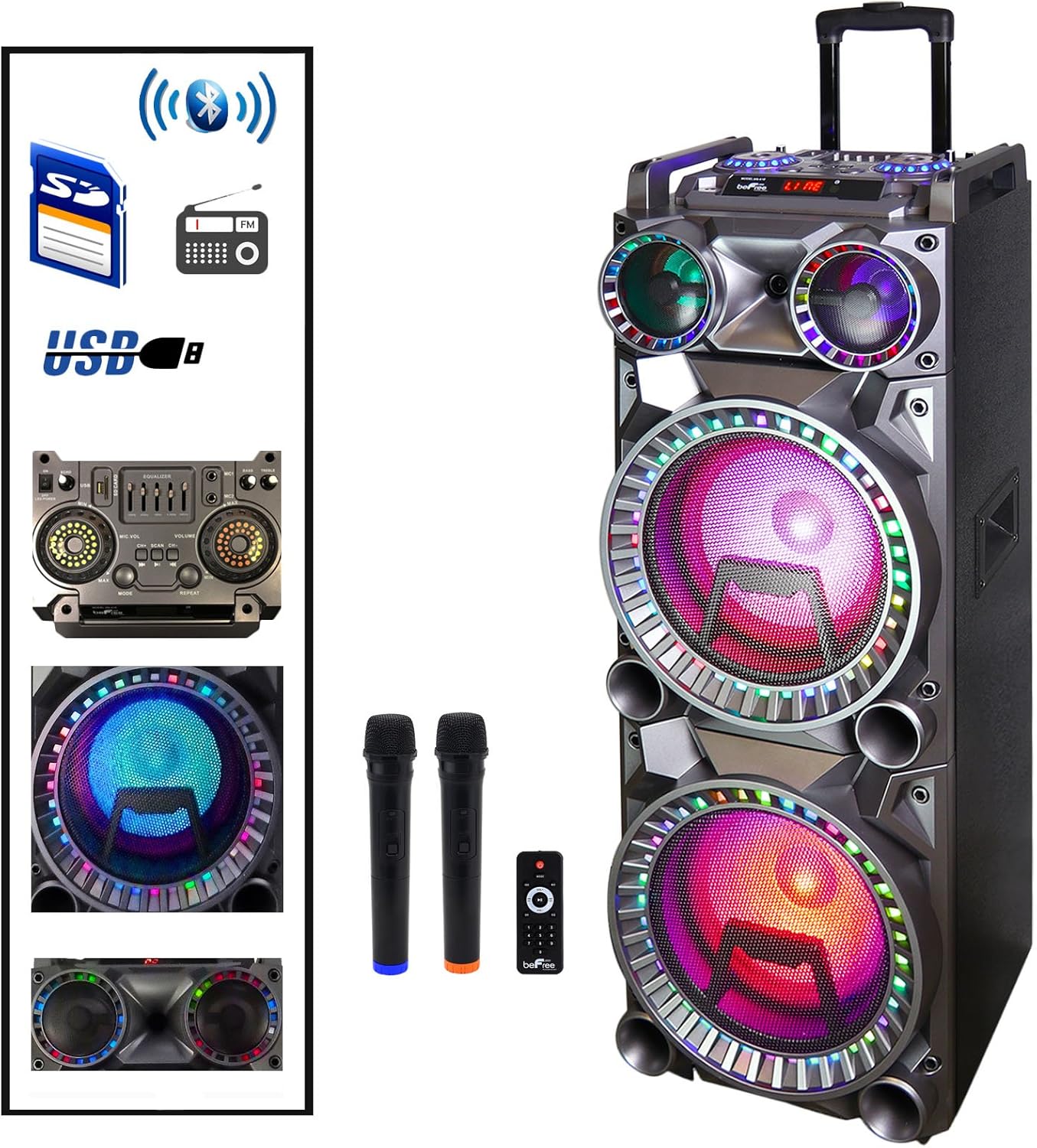 beFree Sound Dual 10 Inch Subwoofer Bluetooth Portable Party Speaker with Sound Reactive Party Lights, USB/SD Input, Rechargeable Battery, Remote Control and 2 Wireless Microphones