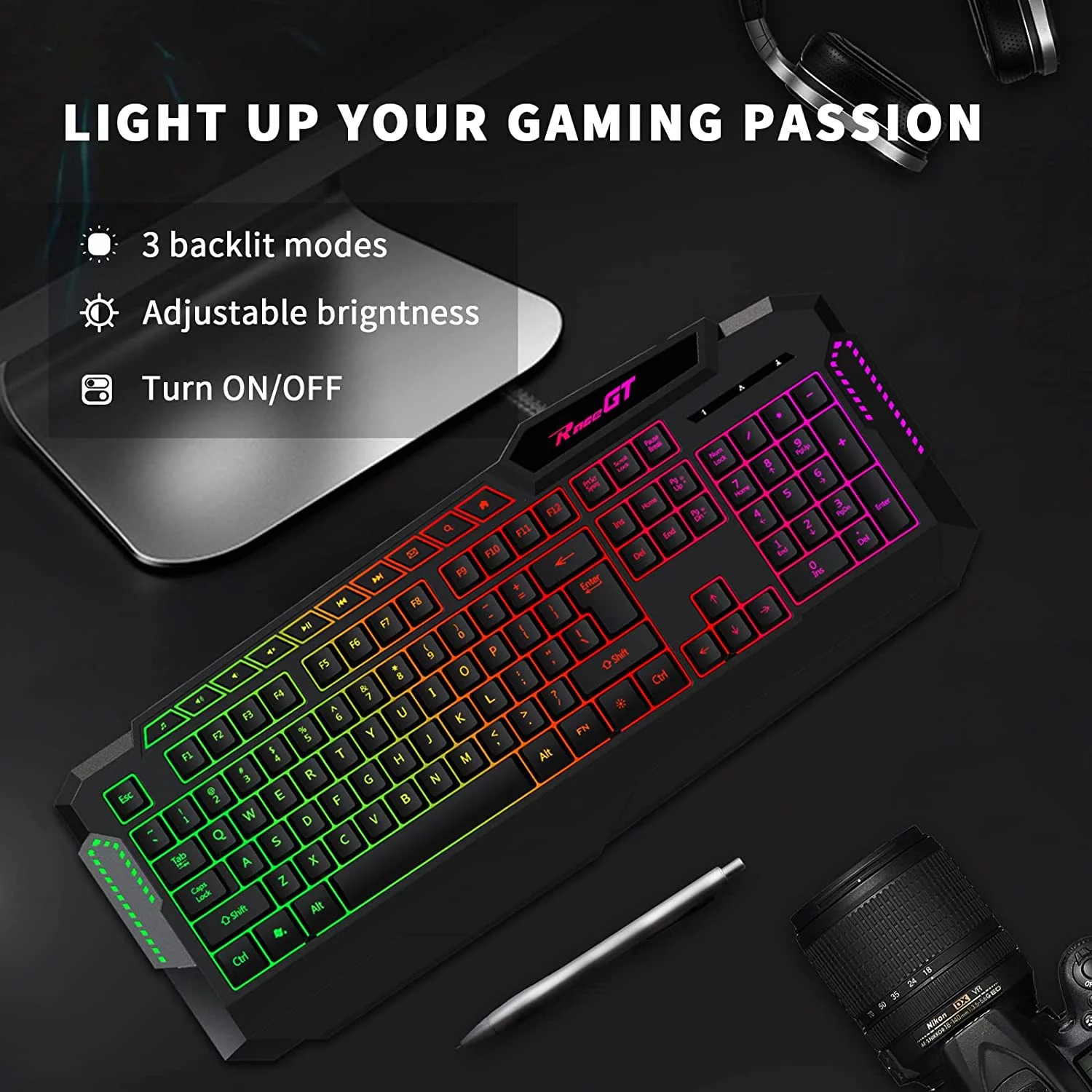 RaceGT Gaming Keyboard, 114 Keys Full Size Wired Rainbow LED Backlit Quiet Computer Keyboard with Dedicated Multimedia Keys, Wrist Rest Keyboard for Computer PC Gamers Desktop Laptop Xbox, Black