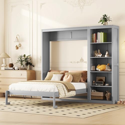 MERITLINE Queen Murphy Bed with Storage Bookcase Shelves,Wood Folding Grey Murphy Wall Bed Cabinet