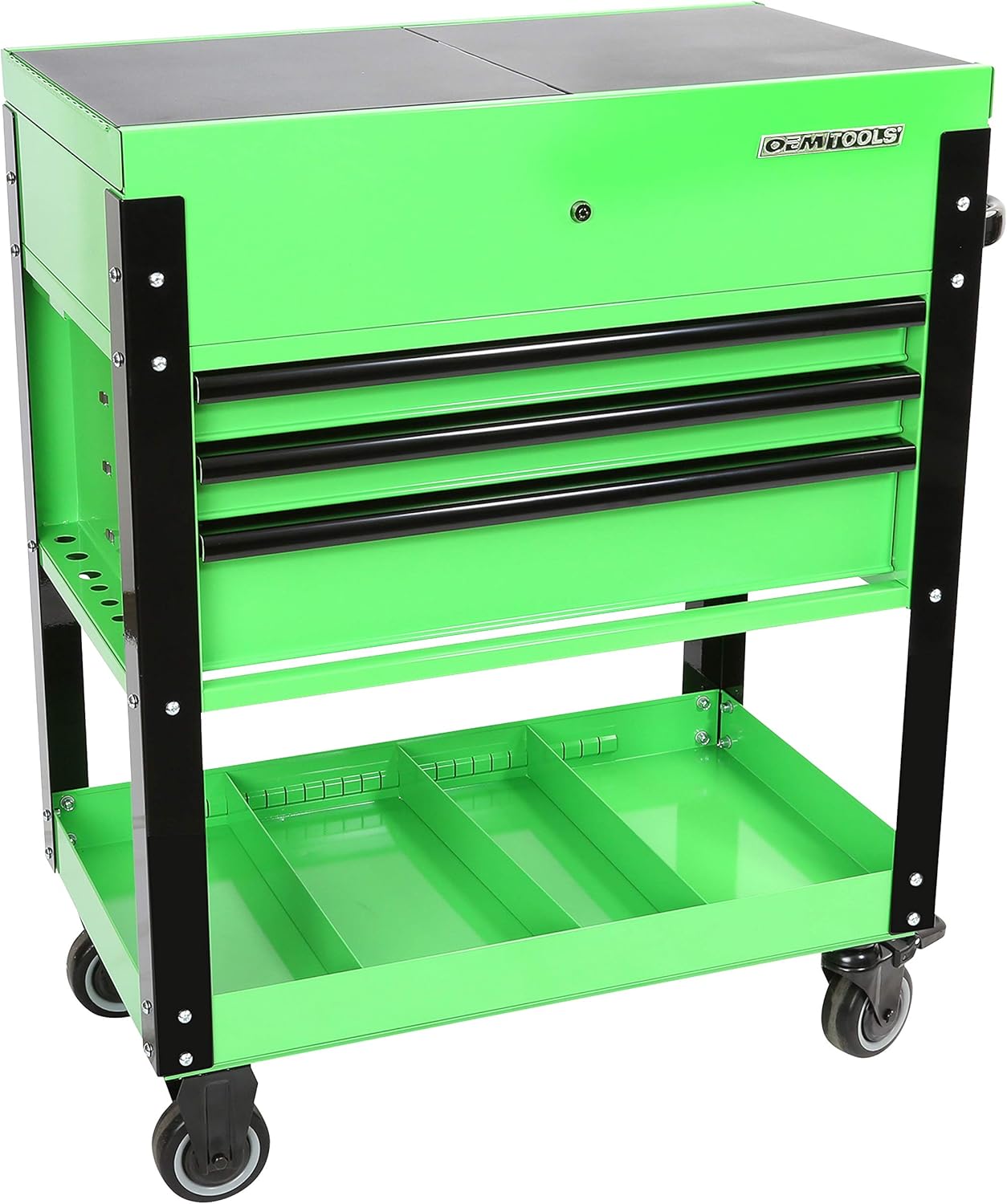 OEMTOOLS 24731 3-Drawer Slide Top Tool Cart, Rolling Tool Chest with Power Supply, Slide-Top Compartment for Easy Access, Quick-Lock Drawers, Matte Green