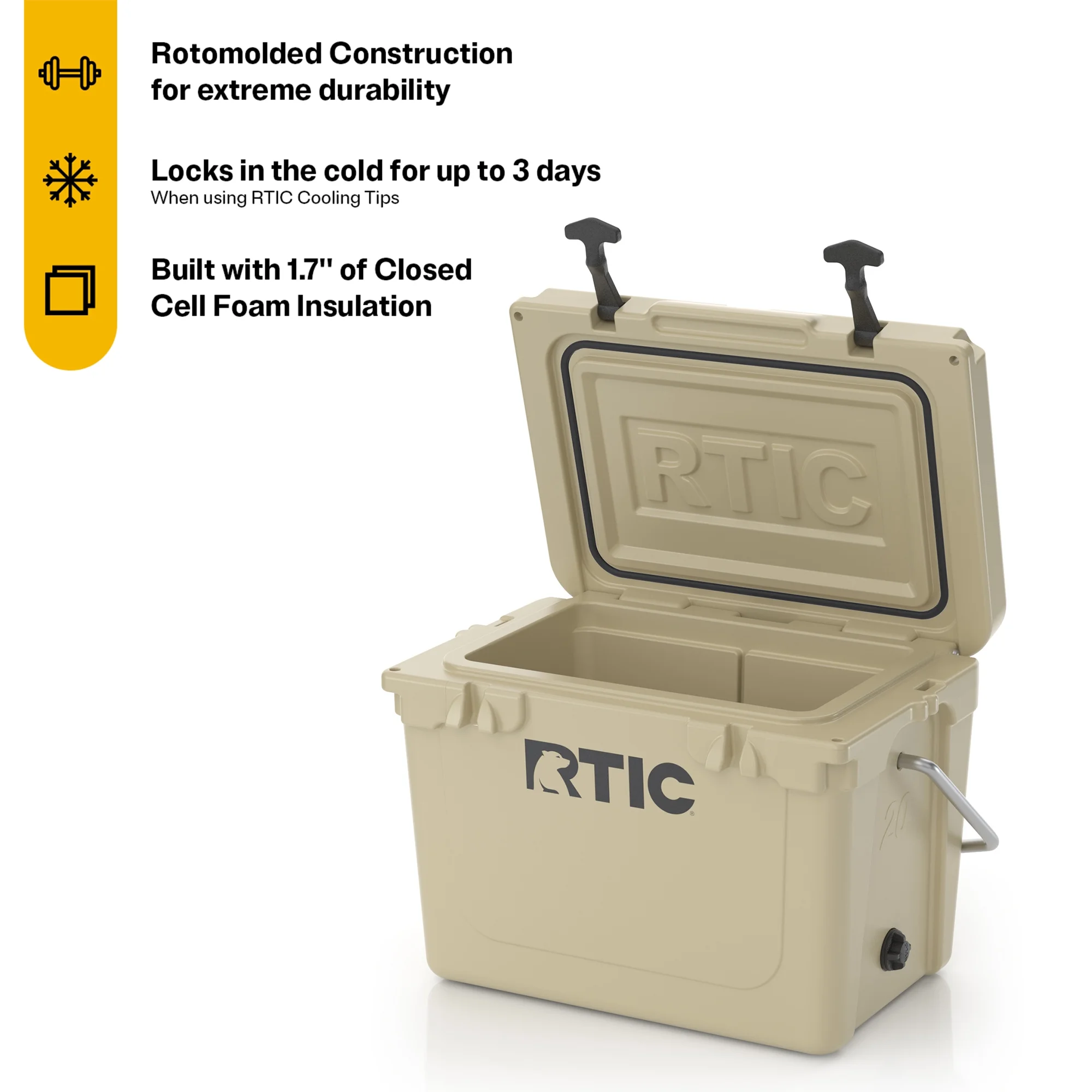 RTIC 20 QT Ultra-Tough Rotomolded Hard-Sided Ice Chest Cooler, Tan, Fits 30 Cans