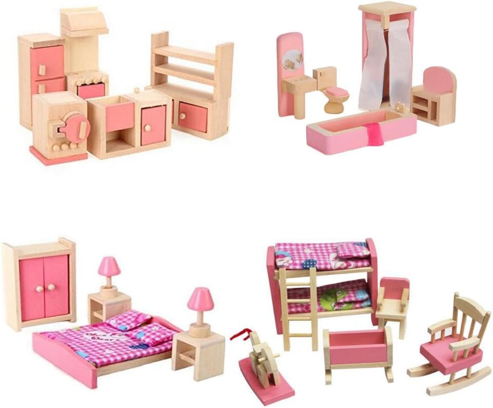 Wooden Dollhouse Furniture Set Including Kitchen Bathroom Bedroom Kid Room for Dollhouse Pink Color