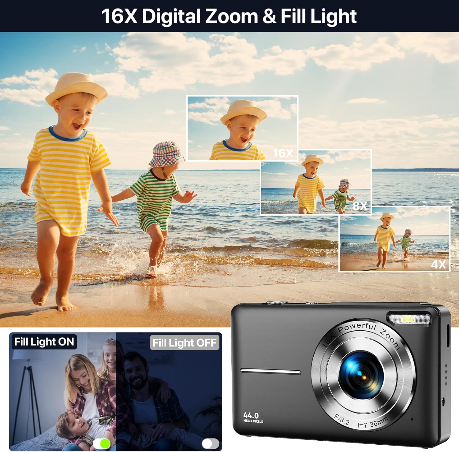 Digital Camera, Kids Camera with 32GB Card FHD 1080P 44MP Vlogging LCD Screen 16X Zoom Compact Portable Mini Rechargeable Gifts for Students Teens Adults Girls Boys-Black, (DC403Black)