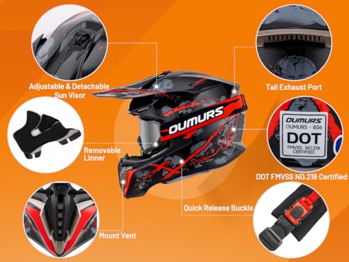 Adult ATV Dirt Bike Helmet Dual Visor with Gloves & Mask Adjustable Sun Visor Motorcycle Adult Helmet Off-Road Motocross Downhill Moped MX for Unisex-Adult