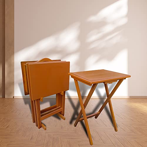 Folding TV Tray Table Set of 4, Portable Sofa Side Table Solid Wood TV Tray, Industrial Snack Table End Table Dinner Table for Living Room, Bedroom, Office, Space-Saving (Set of 4, Chestnut)