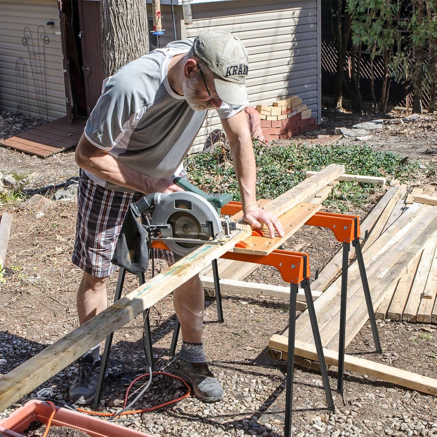 IRONMAX Saw Horses 2 Pack Folding, Heavy Duty Sawhorse 2644 LBS Capacity w/ 4 Detachable Hooks & 2x4 Fast Open Support Legs, Lightweight Sawhorses Bench Twin Pack for Woodworking