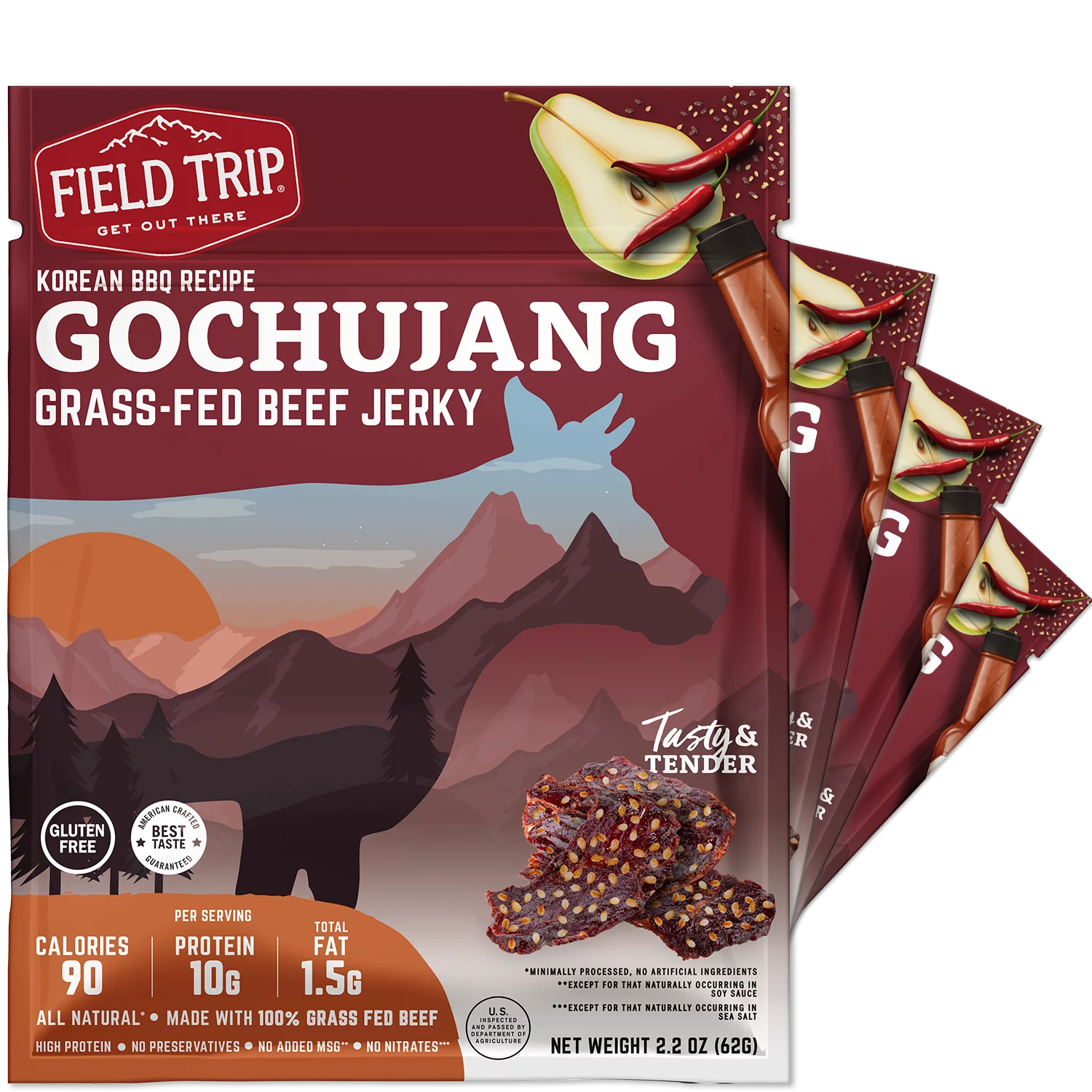 Field Trip Beef All Natural Jerky Gochujang Korea Style BBQ 2.2oz - 4pk