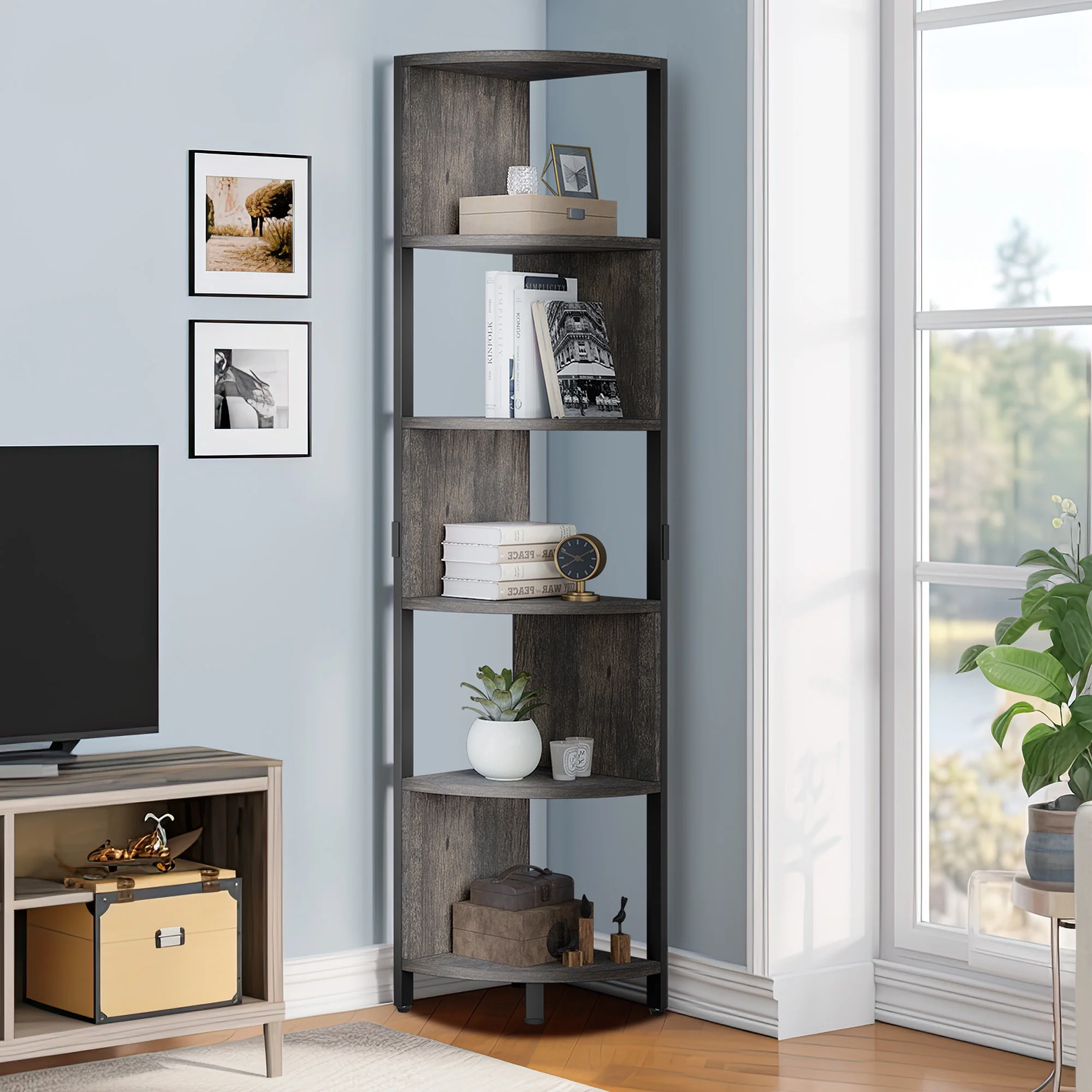 DWVO 6-Tier Industrial Corner Shelf Freestanding Corner Bookcase Display Book Shelves for Bedroom Living Room