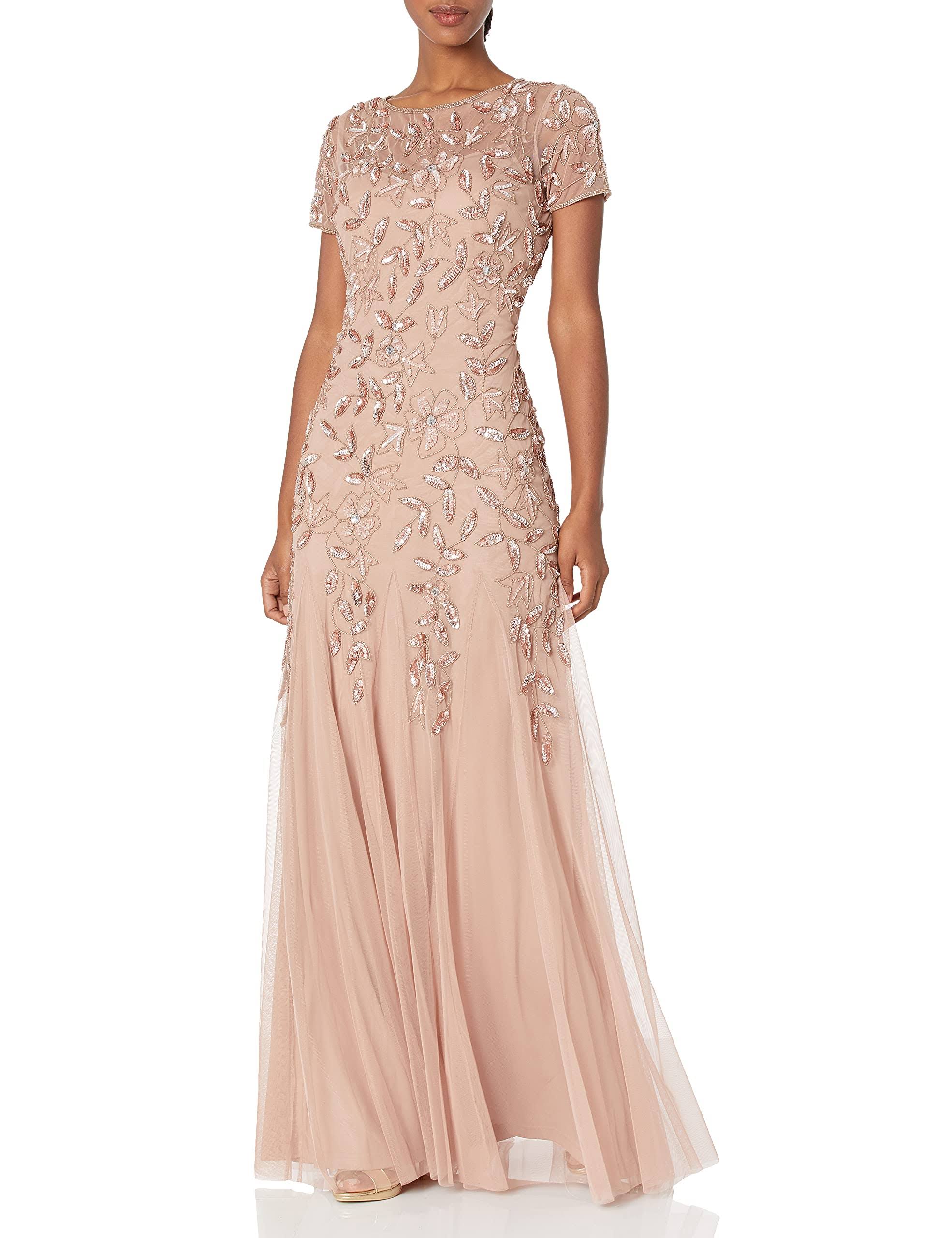 Adrianna Papell Floral-Beaded Gown - Rose Gold