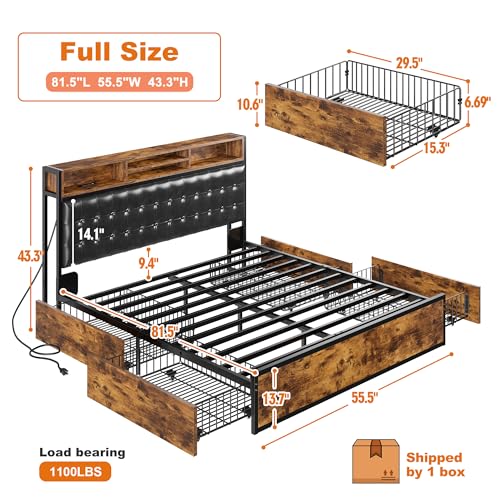 EnHomee Queen Bed Frame with 4 Drawers Bed Frame Queen Size with Headboard Loads 1100LBS Upholstered Queen Size Bed Frame with Charging Station, Queen Bed Frame with Storage, No-Noise
