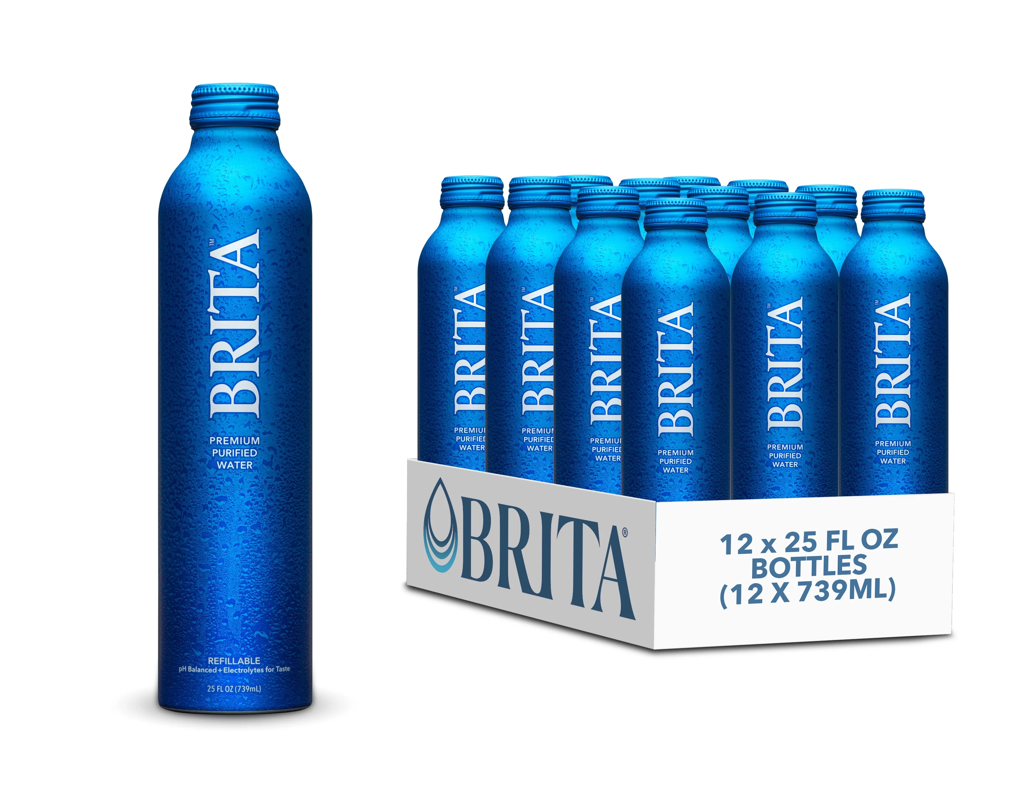 Brita Water Premium Purified Bottled Water, 25 fl oz (12 Pack), BPA Free Refillable Aluminum Water Bottles, Superior Filtered Water, Infinitely Recyclable Bottle.
