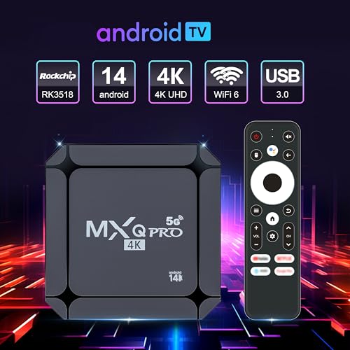 MXQ Pro 5G Android 14.0 TV Box 2025 Upgraded Ram 2GB ROM 16GB Dual Band 2.4G/5.8GHz WiFi6 BT5.0 4K AV1 USB 3.0 Ultra HD Voice Control Smart Home Player